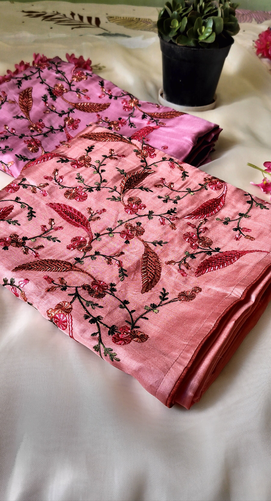 Elegant  Embroidered Silk Saree – Floral & Leaf  in cutwork Pattern