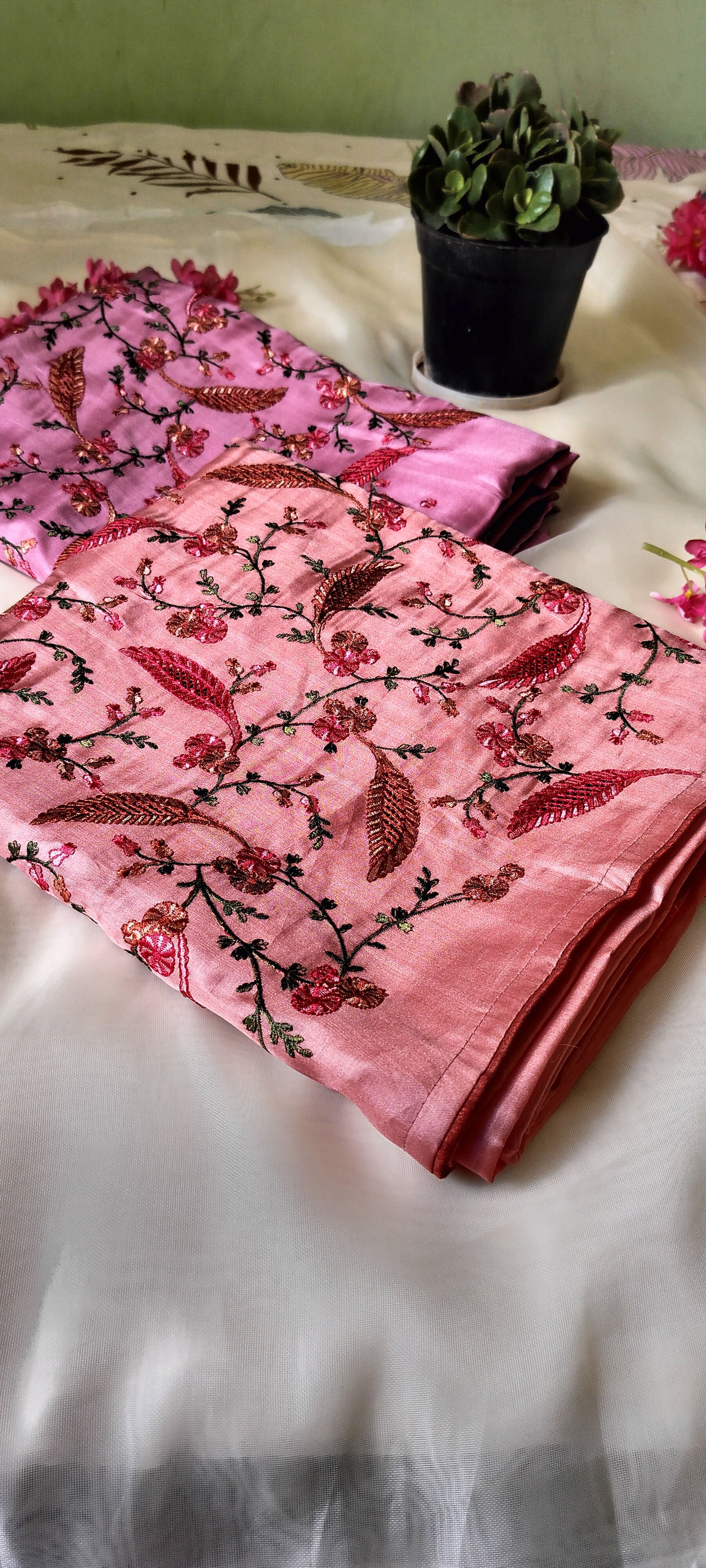Elegant  Embroidered Silk Saree – Floral & Leaf  in cutwork Pattern