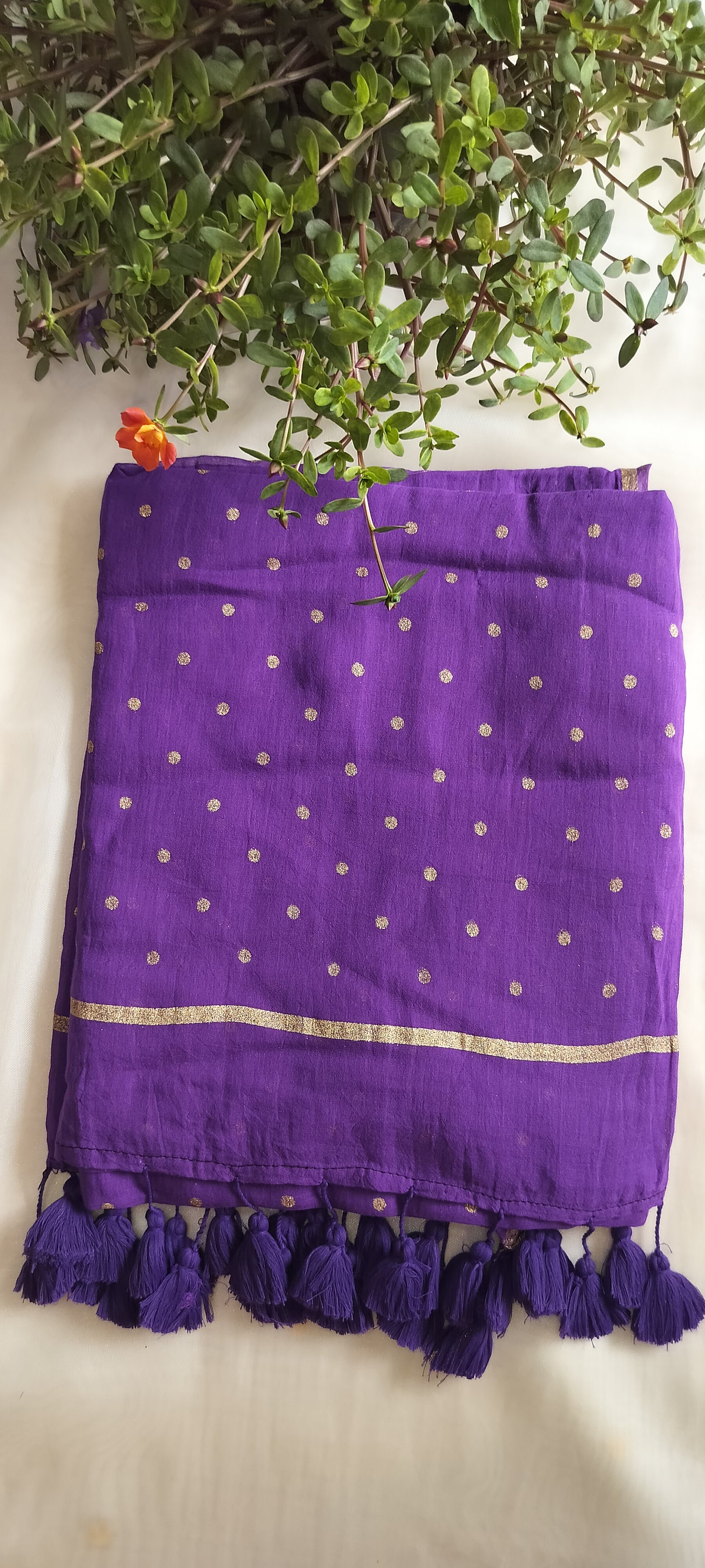 Purple and gold foil print mul cotton saree
