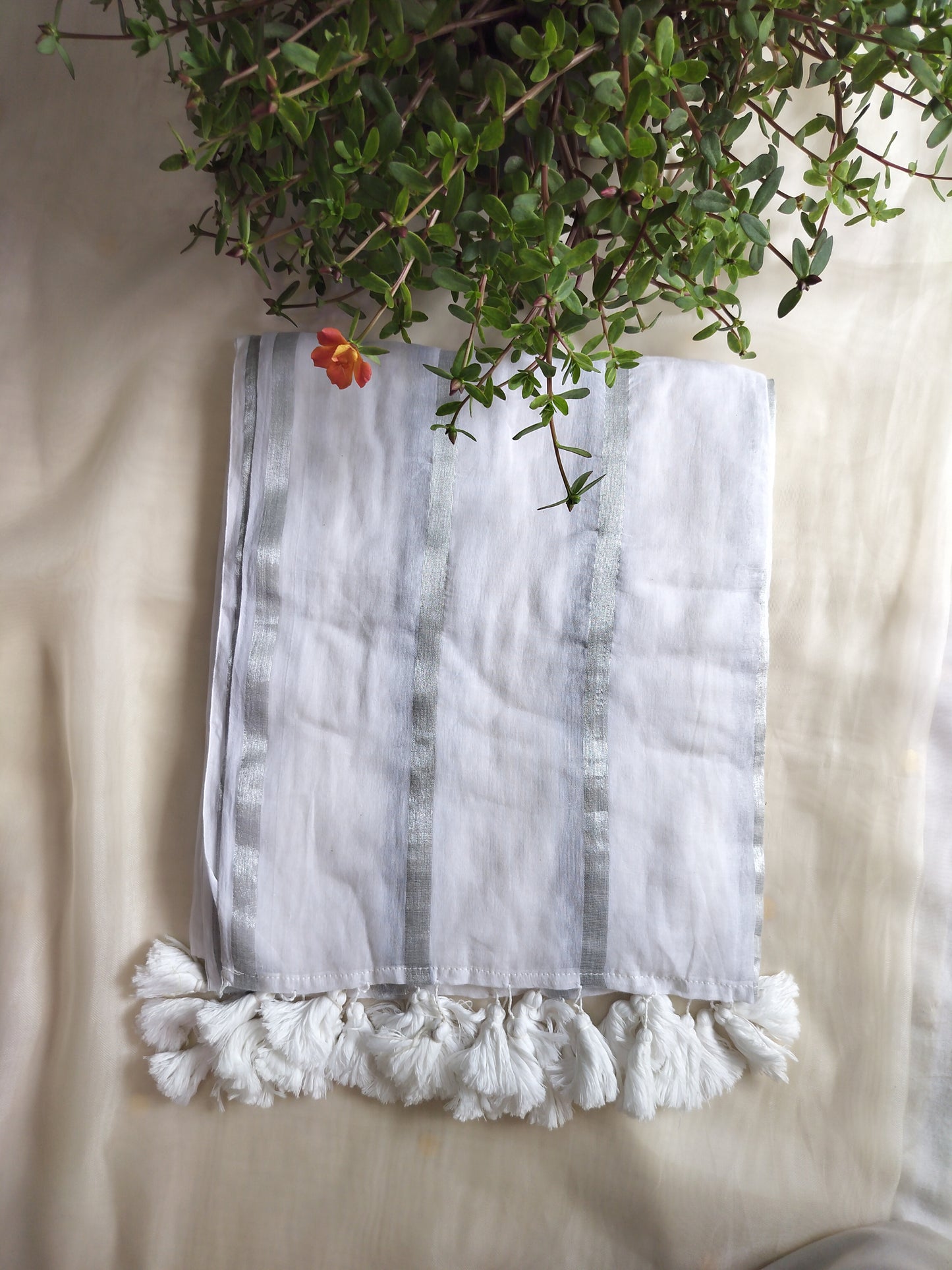 Classic White with subtle Silver Zari stripes mul cotton saree