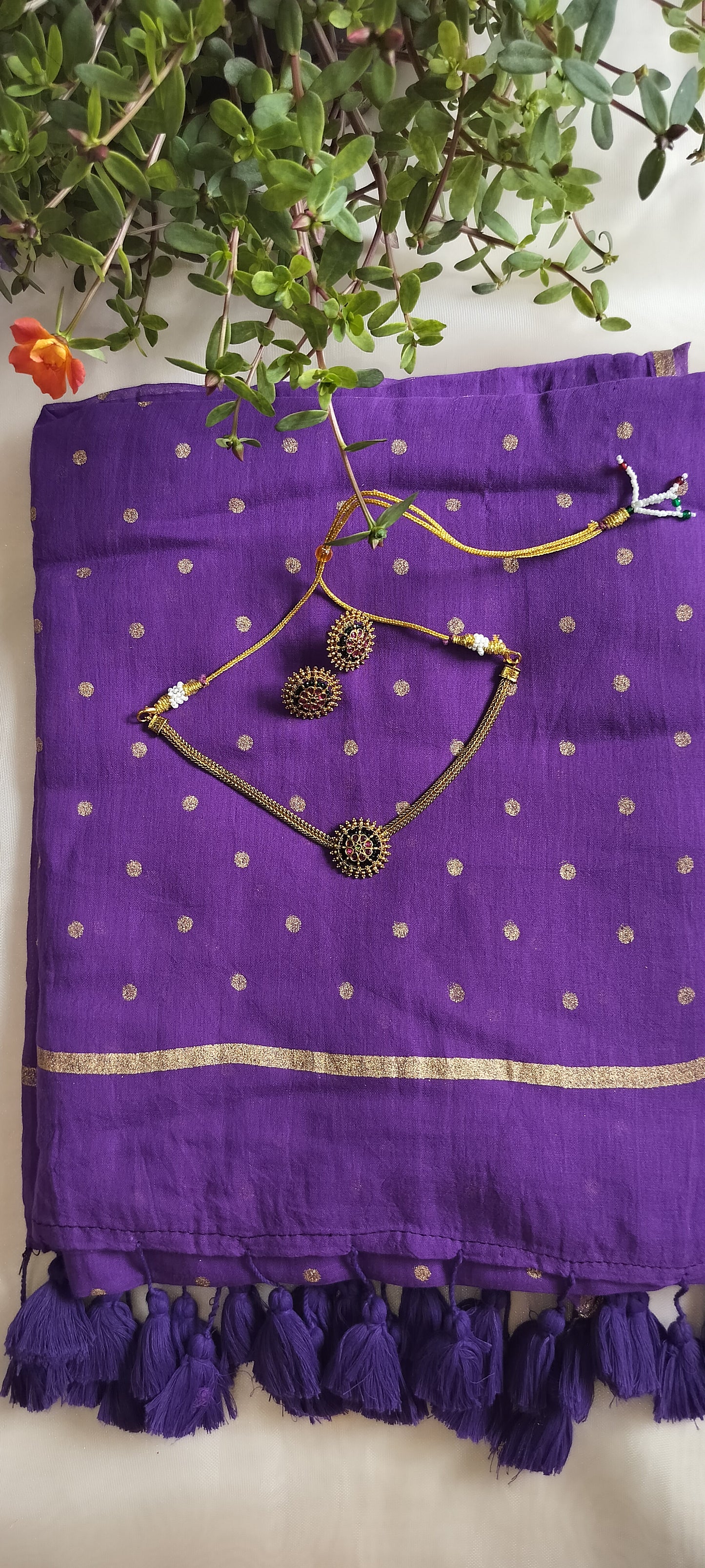 Purple and gold foil print mul cotton saree