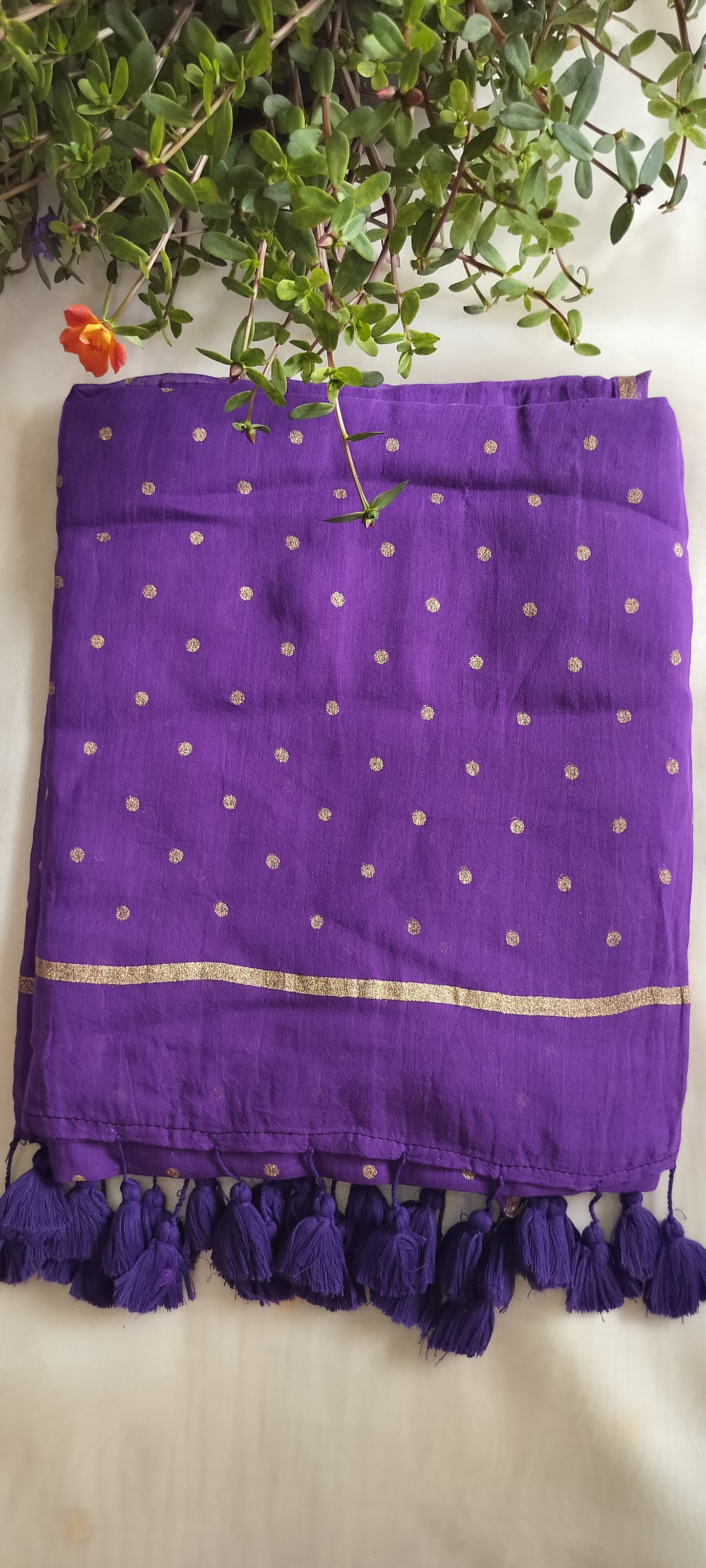 Purple and gold foil print mul cotton saree